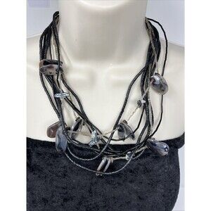 Chico's Necklace Black Beads & Shell/mother Of Pearl  Layered -Lays Beautifully